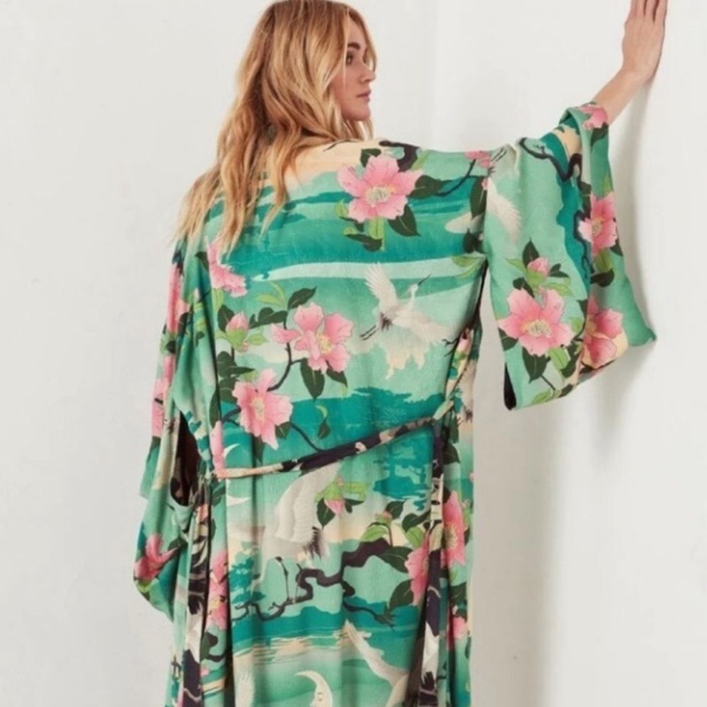 Nightingale Bohemian Gypsy Floral Moon Oversized Resort Beach Maxi Kimono Birds